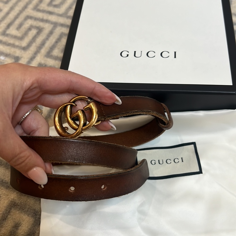 Gucci Faded Calfskin Leather Double G 20mm Thin Slim Brown Tan Gold Belt Size 75 - Picture 5 of 7